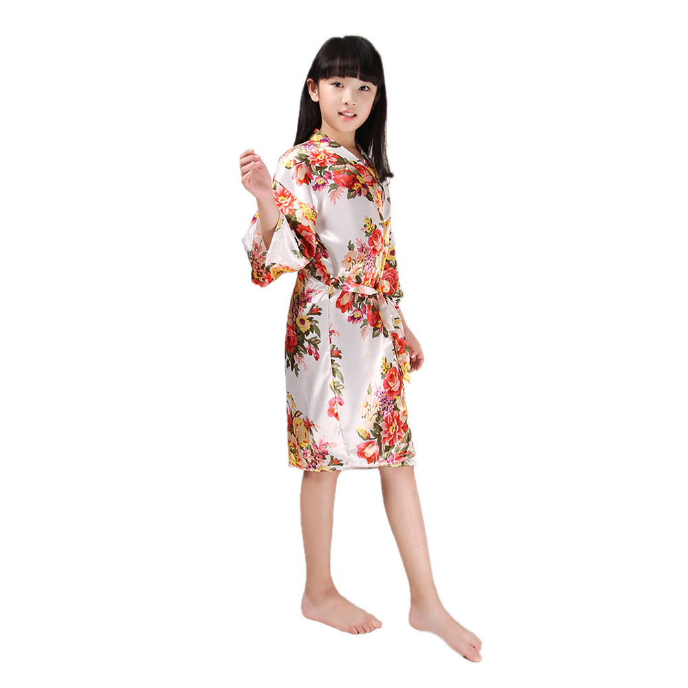 Floral Printed Kids Girls Sweet Kimono Dressing Gown Bath Robe Sleepwear Pajamas
