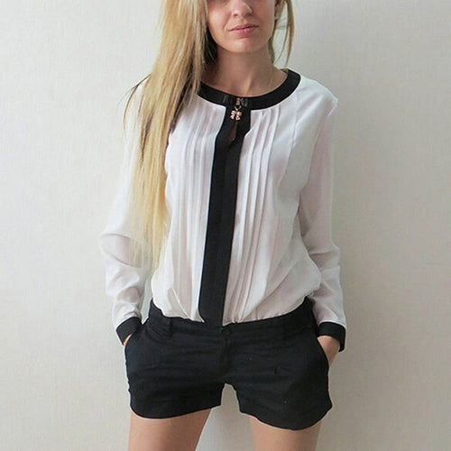 Women's Casual Fashion Patchwork Long Sleeve Pleated Chiffon Shirt Blouse Top