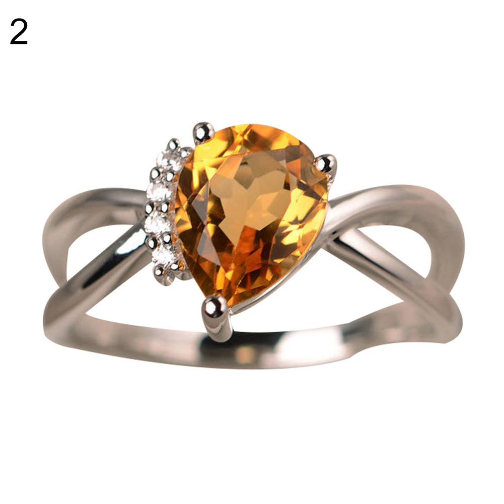 Fashion Women Drop Pear Faux Gem Rhinestone Inlaid Slim Band Party Ring Jewelry