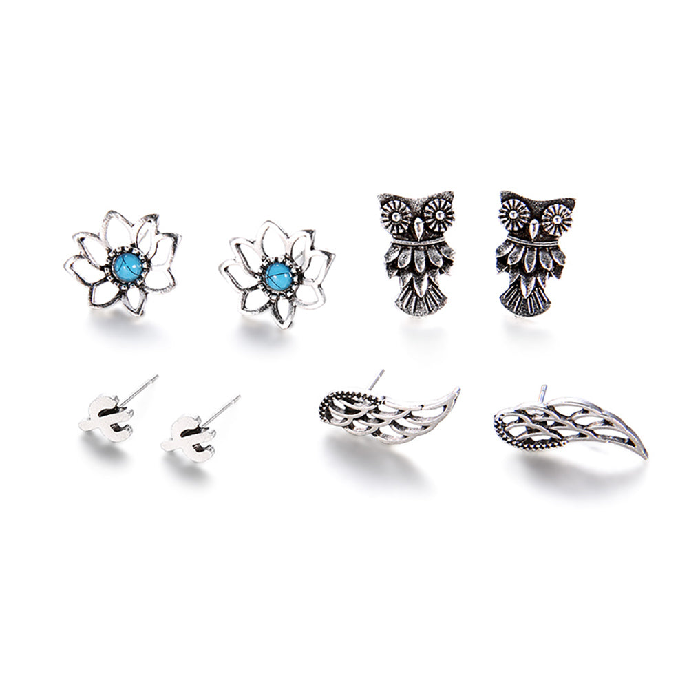 4 Pairs Vintage Hollow Owl Flower Cactus Ear Stud Earrings Women Girl Jewelry