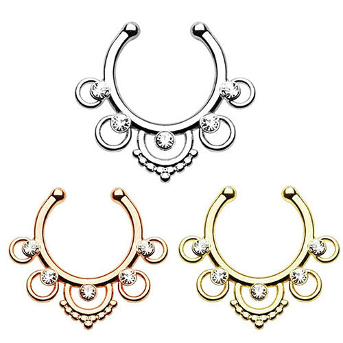Crown Hollow Nose Ring Rhinestone Non Piercing Hanger Clip On Hoop Body Jewelry