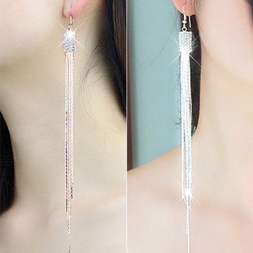 Women's Square Rhinestone Drop Long Tassels Chain Hook Dangle Party Linear Earrings