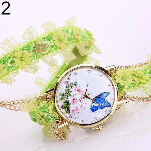 Lady Analog Golden Tone Case Flowers Butterfly Rhinestone Lace Alloy Chain Watch