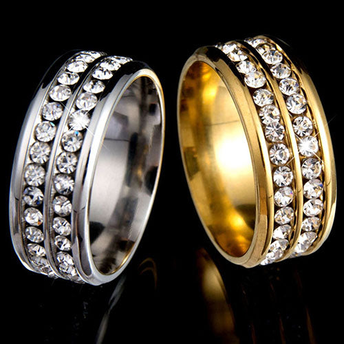 Womens Mens Fashion Double Rows Rhinestones Titanium Steel Wedding Jewelry Ring