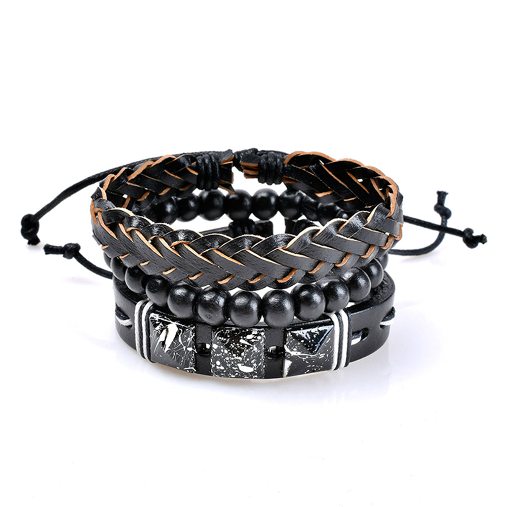3Pcs Adjustable Faux Leather Braid Bracelets Men's Beads Bangle Bracelet Jewelry