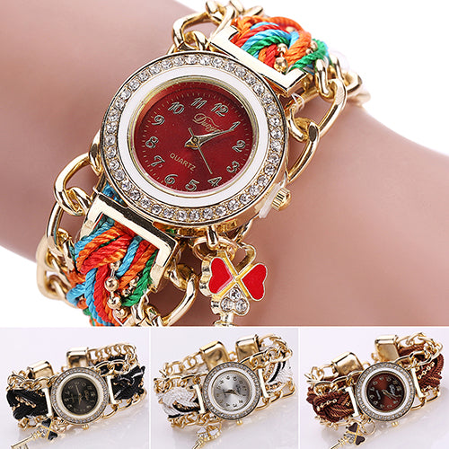 Women's Fashion Rhinestone Clover Key Pendant Braided String Chain Wrist Watch