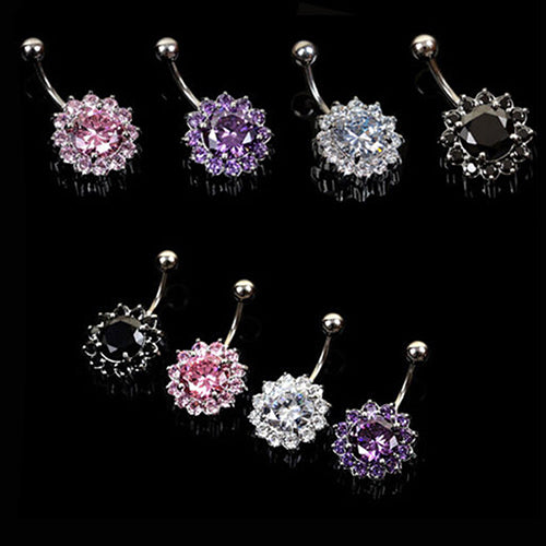 Women's Crystal Rhinestone Flower Navel Belly Button Ring Bar Body Piercing