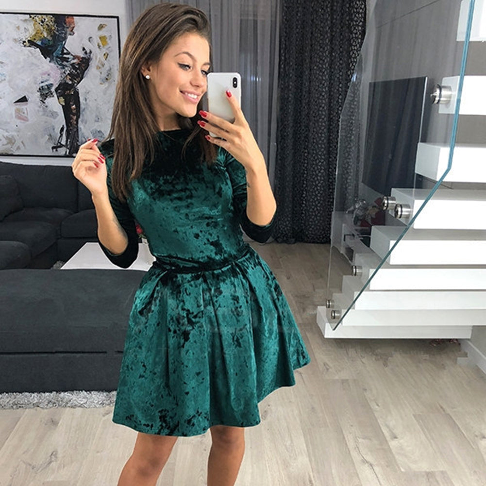 Winter Three-quarter Sleeve Evening Party Solid Color Crushed Velour Mini Dress