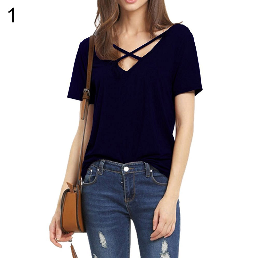 Fashion Women Deep V-neck Crossed Strap Short Sleeve T-shirt Casual Tee Shirt