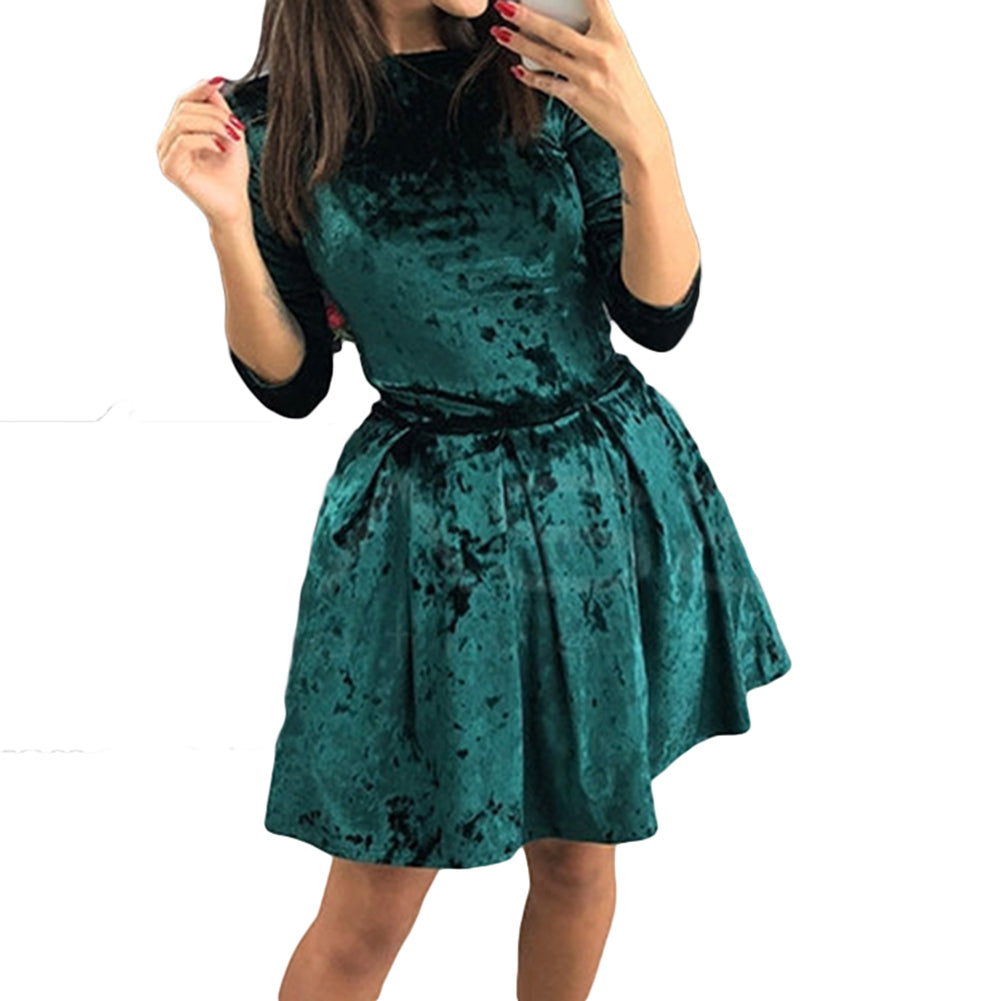 Winter Three-quarter Sleeve Evening Party Solid Color Crushed Velour Mini Dress
