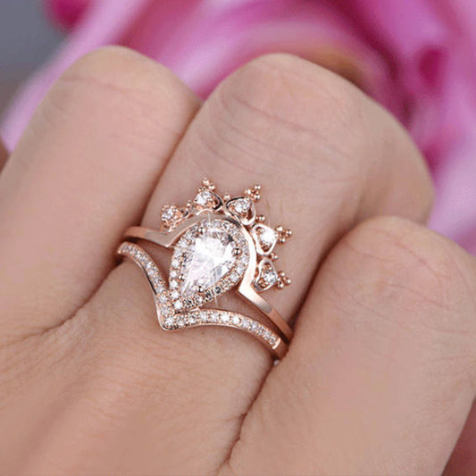 2Pcs Women Rings Set Chic Curved Crown Zircon Jewelry Engagement Party Gift