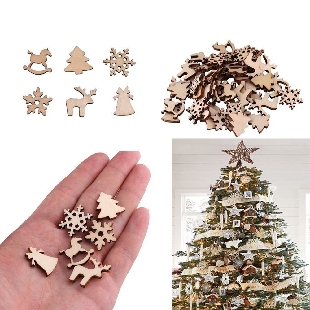 50Pcs Rocking Horse Natural Wood Chip Reindeer Snowflake Xmas Tree Hanging Decor