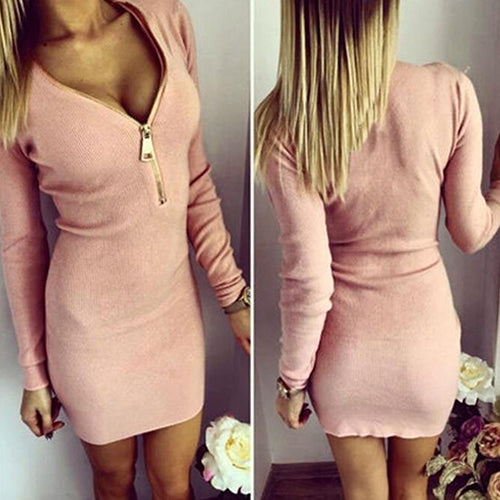 Women's Sexy Zip V Neck Long Sleeve Winter Bodycon Party Slim Short Mini Dress