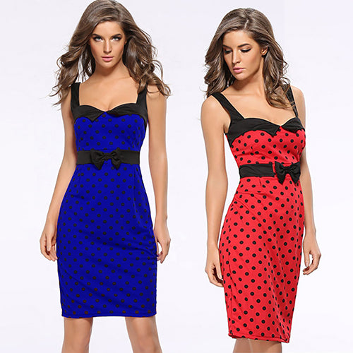 Women Summer Vintage Sexy Polka Dots Sleeveless Bodycon Bowknot Pencil Dress