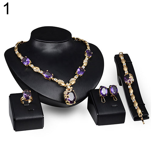 Retro Women Zircon Waterdrop Pendant Necklace Ring Earrings Bracelet Jewelry Set