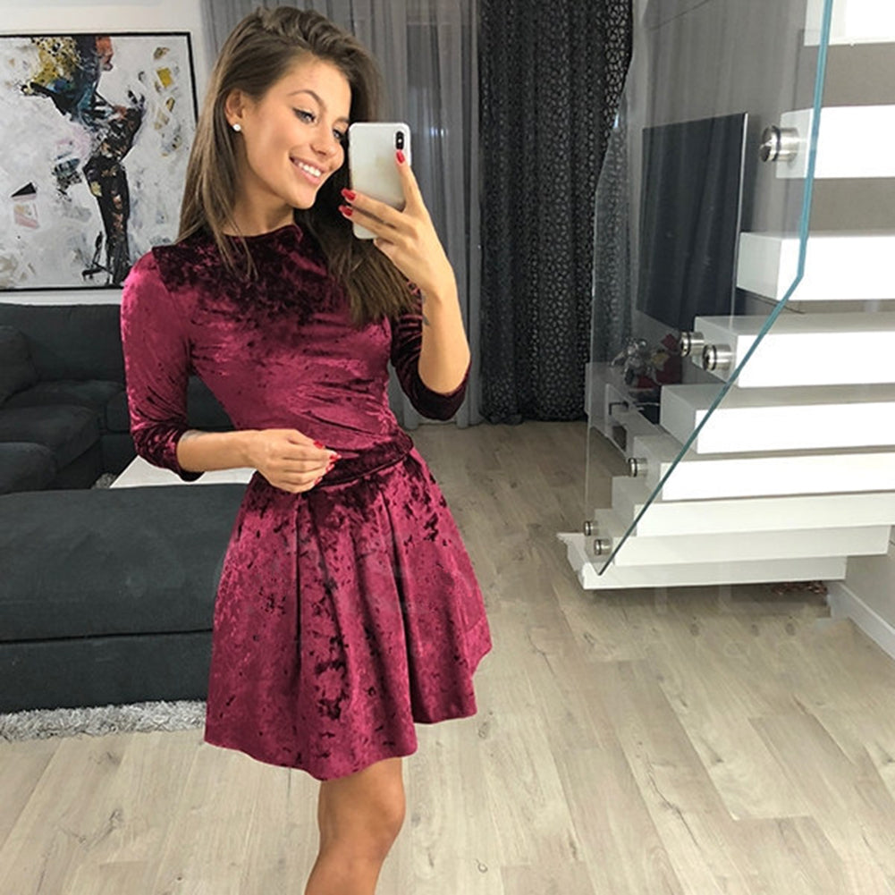Winter Three-quarter Sleeve Evening Party Solid Color Crushed Velour Mini Dress