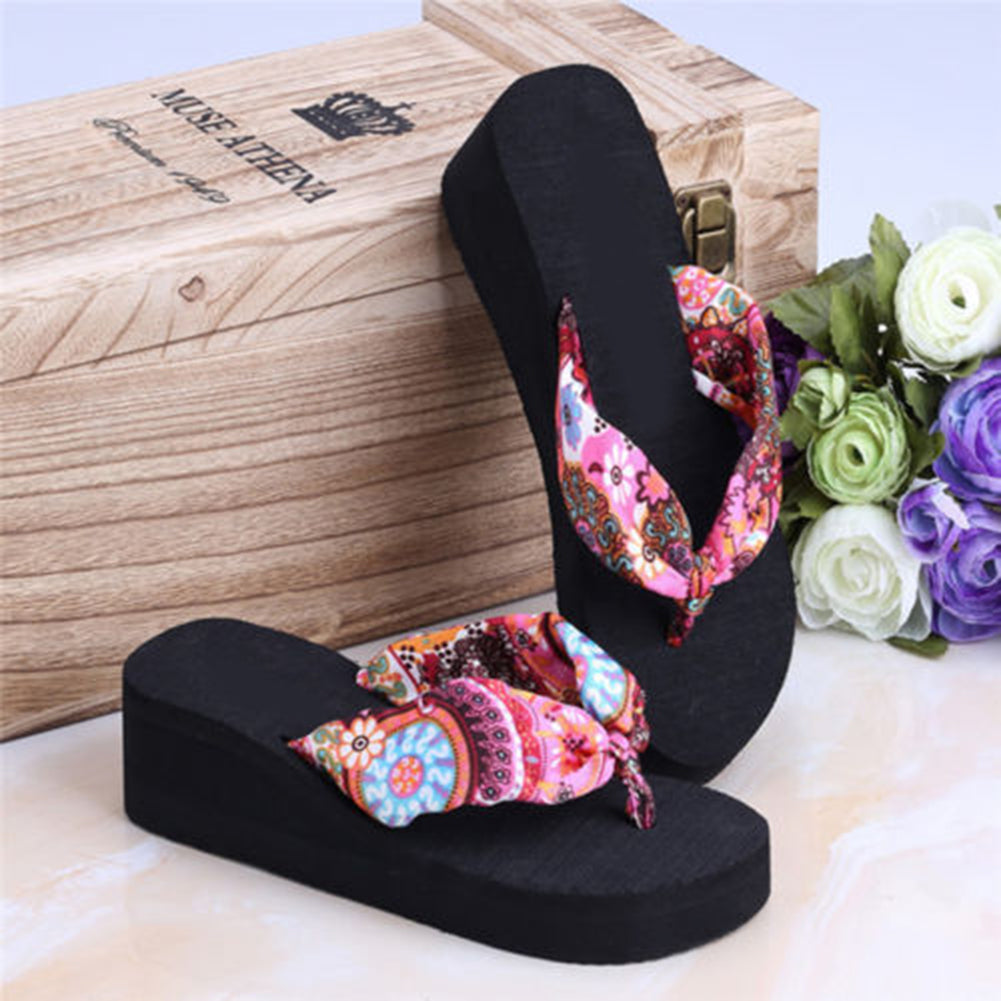 Women Summer Beach Soft Wedge Shoes Bohemia Flip Flops Flat Platform Slippers