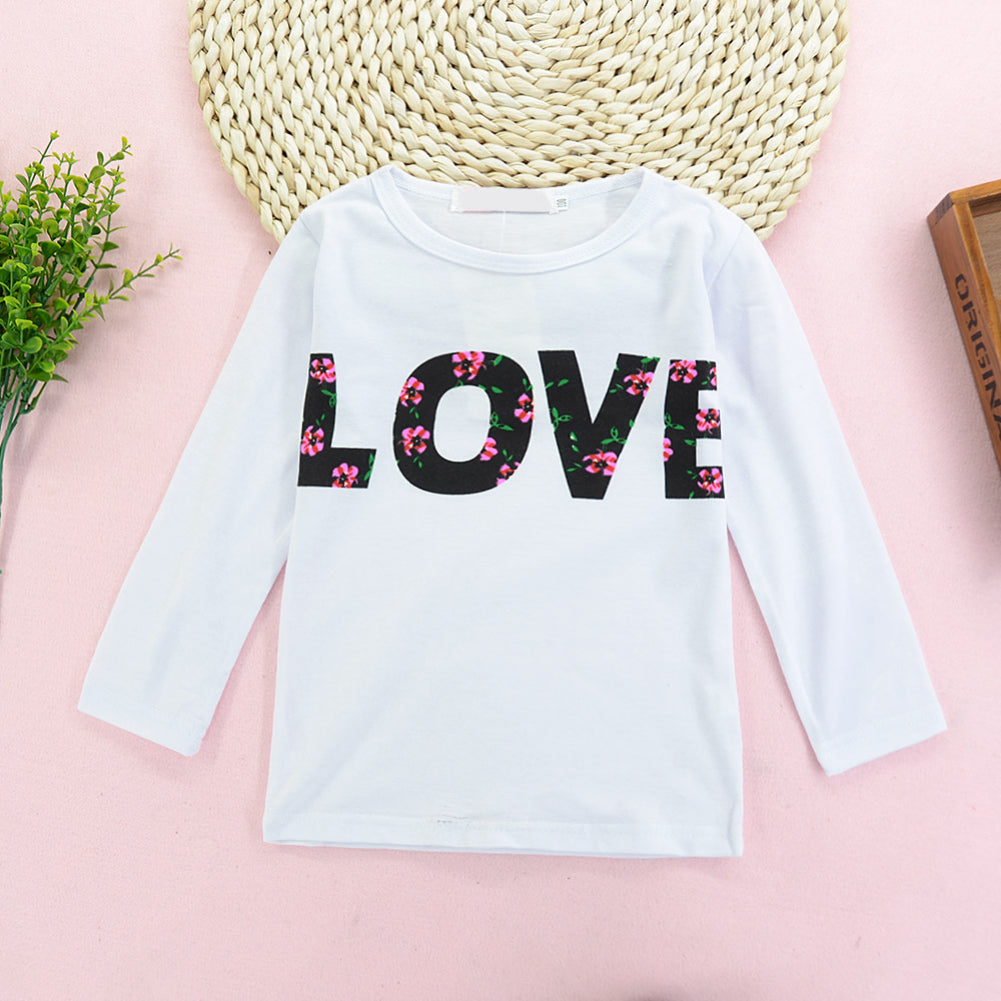 Kid Girls Fashion Spring Love Flowers Printed Long Sleeve Shirt Skirt Outfits