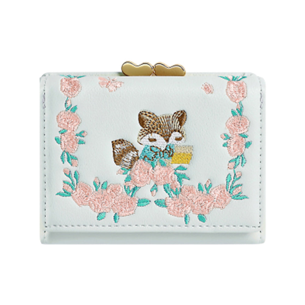 Lovely Faux Leather Little Fox Floral Embroidery Short Wallet Women Purse Gift