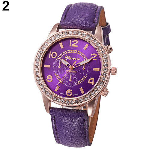Fashion Women Geneva Rhinestone Big Dial Faux Leather Analog Wrist Watch Gifts