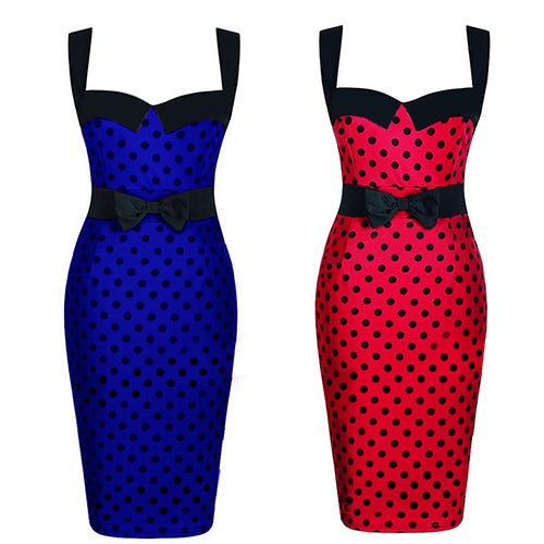 Women Summer Vintage Sexy Polka Dots Sleeveless Bodycon Bowknot Pencil Dress