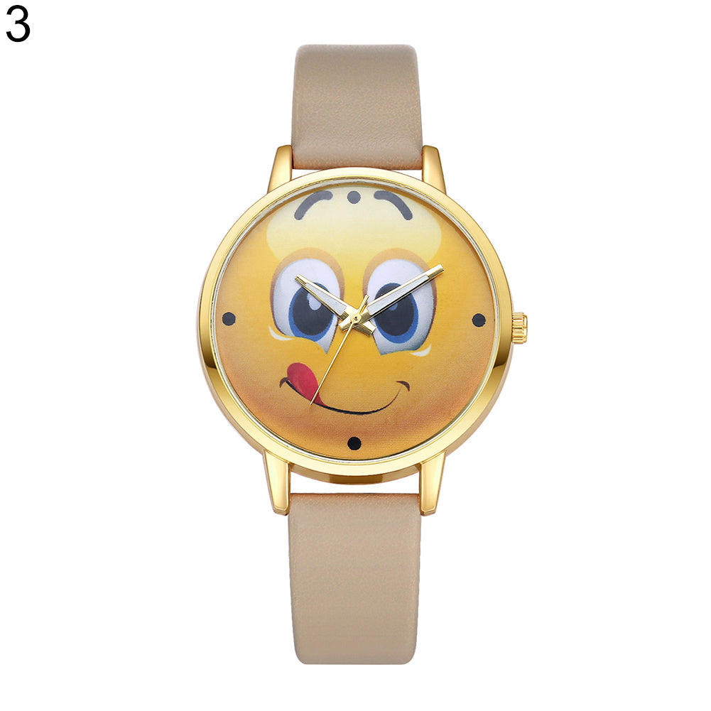 Lady Stylish Lovely Greedy Face Emoji Faux Leather Band Analog Wrist Watch