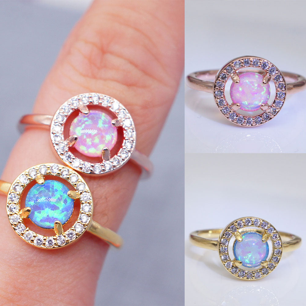 Faux Opal Round Rhinestone Hollow Jewelry Chic Women Wedding Engagement Ring