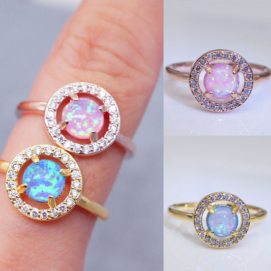 Faux Opal Round Rhinestone Hollow Jewelry Chic Women Wedding Engagement Ring
