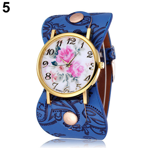 Women's Arabic Numerals Peony Floral Dial Wide Faux Leather Bracelet Wrist Watch