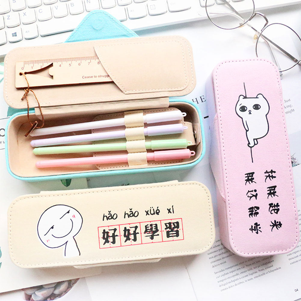 Funny Cartoon Chinese Student Pencil Bag Canvas Stationery Holder Zipper Pouch