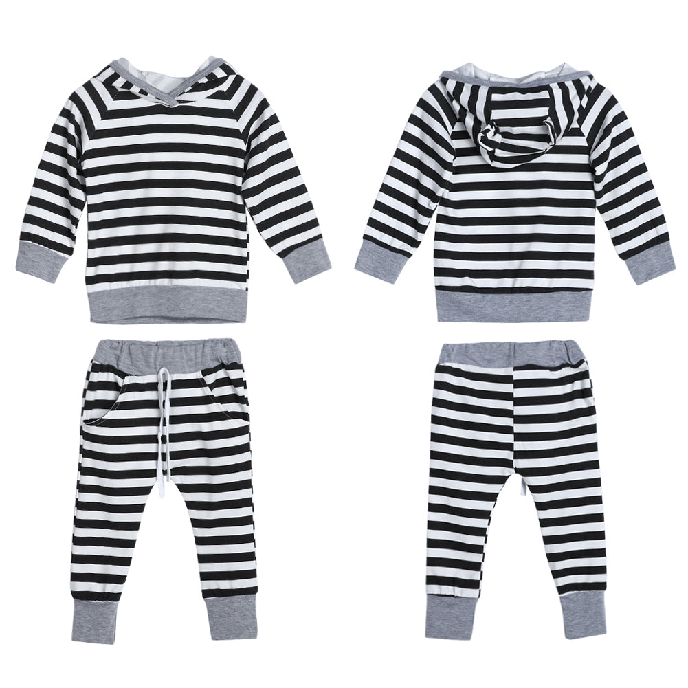 Newborn Baby Boys Girls Outfit Striped Hooded Top Long Sleeve T-Shirt + Pants