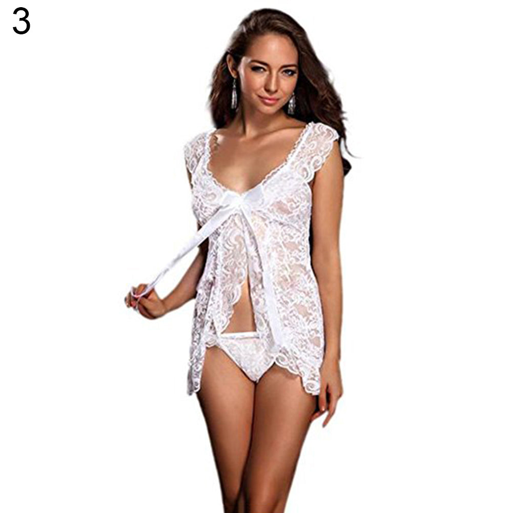 Women's Sexy Lace Ruffle Temptation Dress + Thong G-String Babydoll Sleepwear