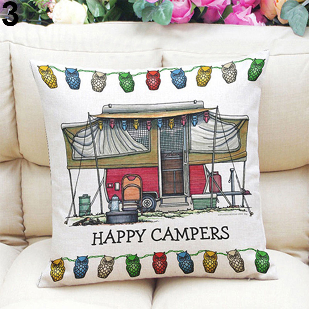 Happy Campers Soft Linen Pillow Sofa Case Waist Throw Cushion Cover Home Decor