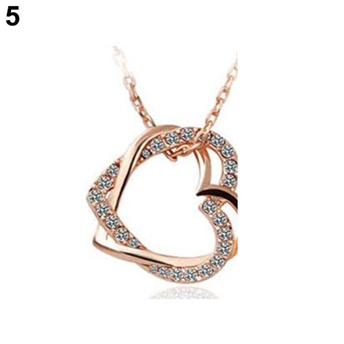 Women's Fashion Silver Plated Double Hearts Rhinestone Pendant Long Necklace