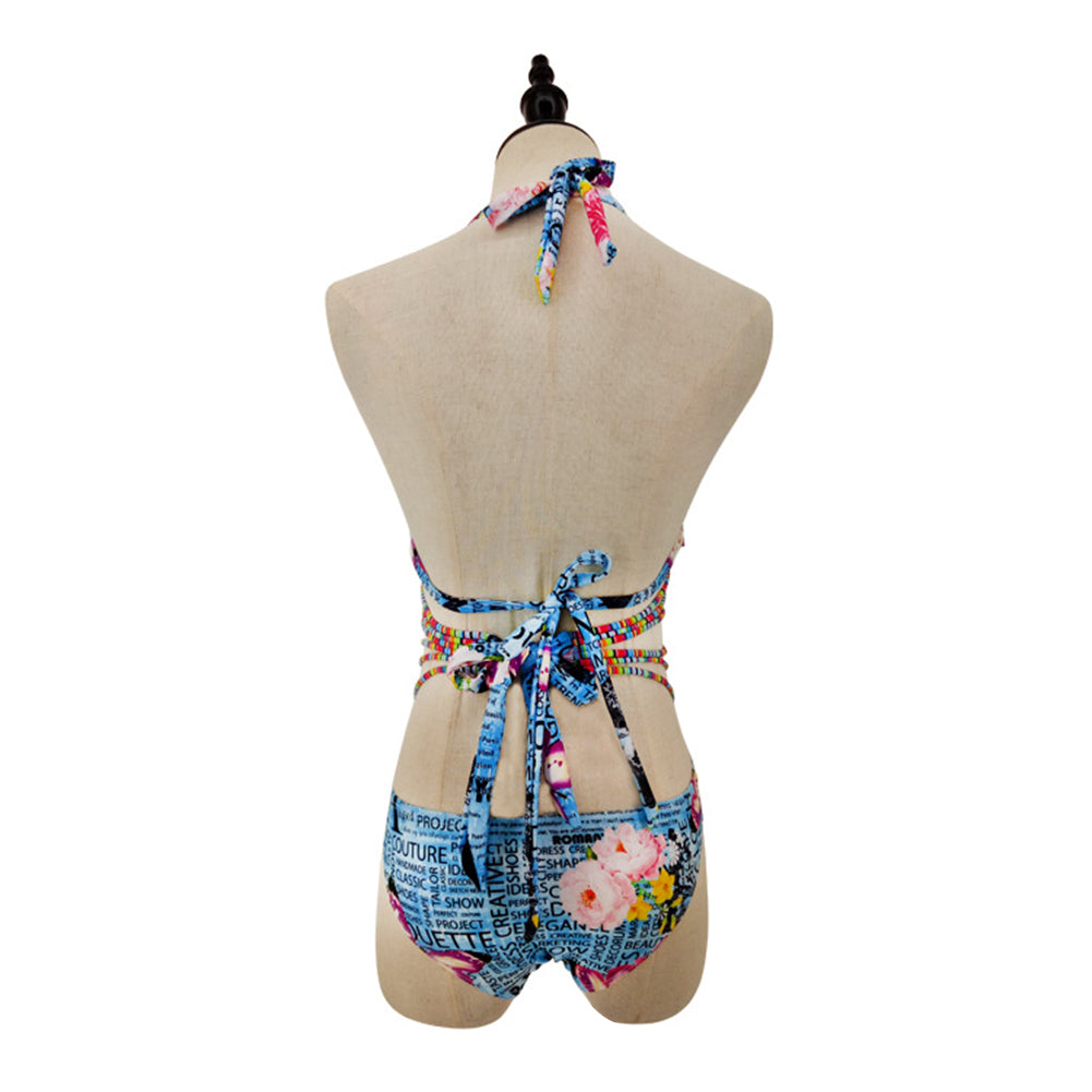 Butterfly Letter Print Swimsuit Halter Bandage Backless Swimwear Women Monokini