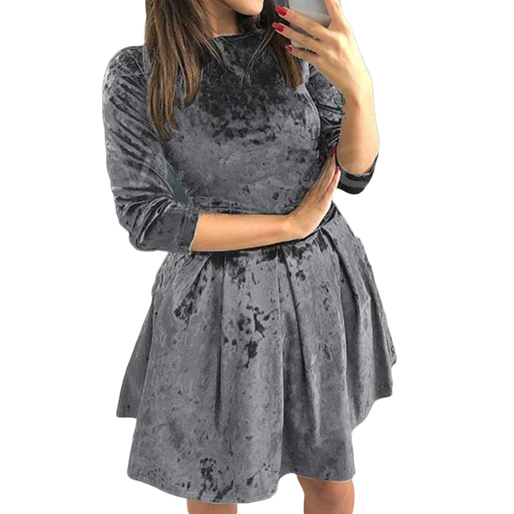 Winter Three-quarter Sleeve Evening Party Solid Color Crushed Velour Mini Dress