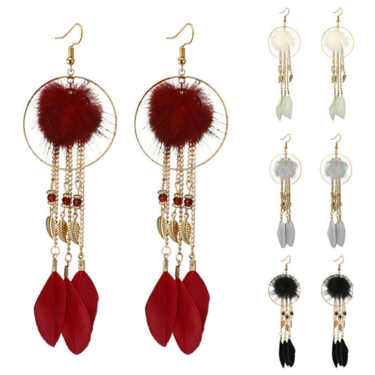 Women Hook Earrings Fur Ball Leaf Fringed Big Ring Long Pendant Feather Jewelry