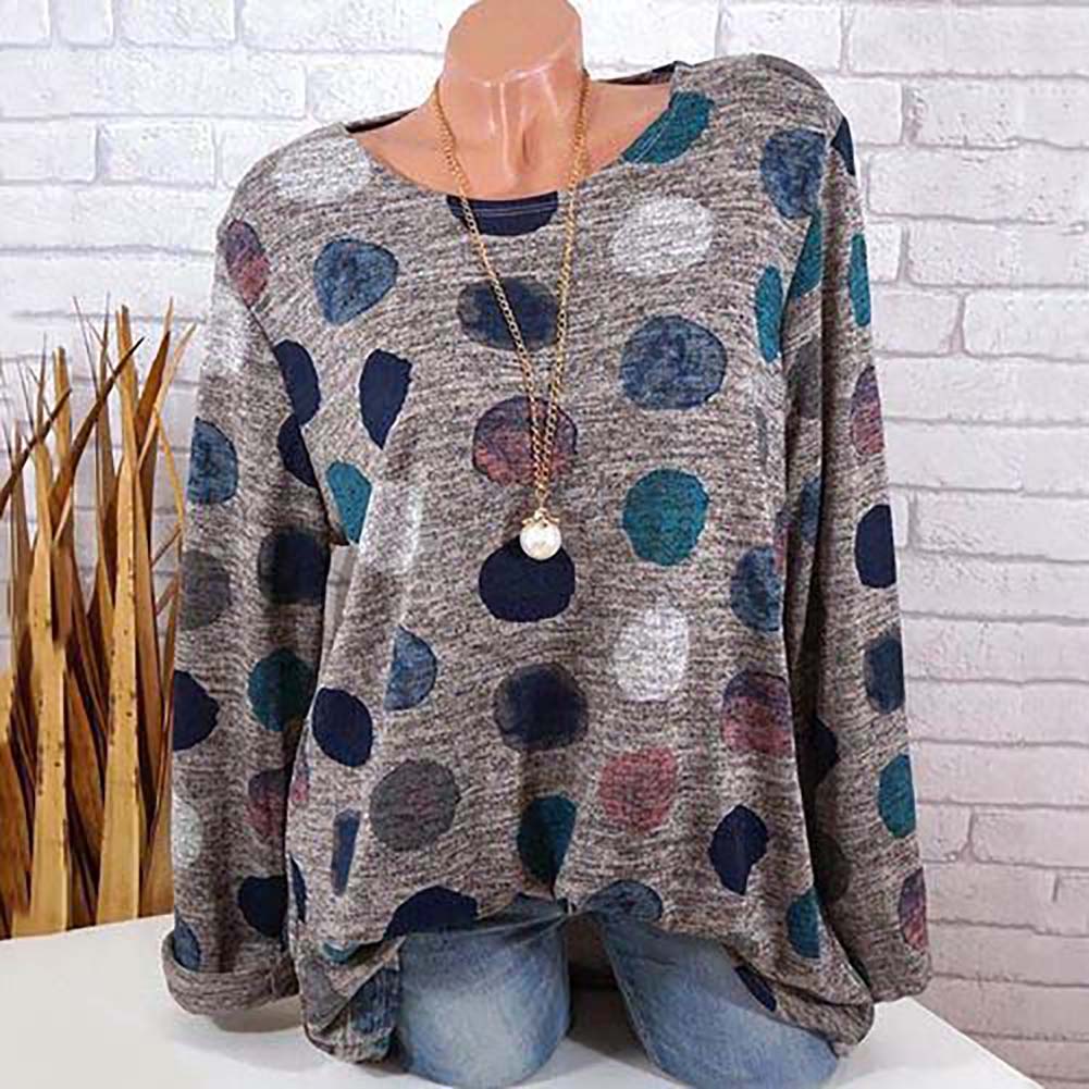 Fashion Dot Printed Round Neck Long Sleeve Women Casual Pullover T-shirt Top