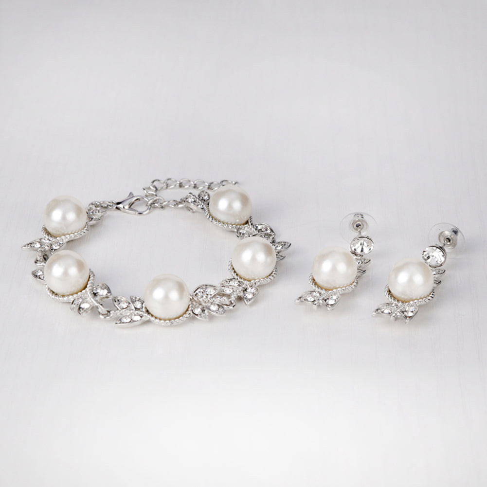 Women Faux Pearl Rhinestone Necklace Stud Earrings Bracelet Jewelry Wedding