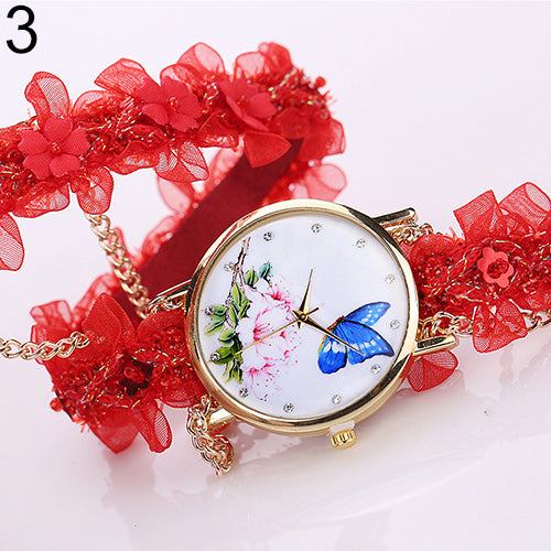 Lady Analog Golden Tone Case Flowers Butterfly Rhinestone Lace Alloy Chain Watch