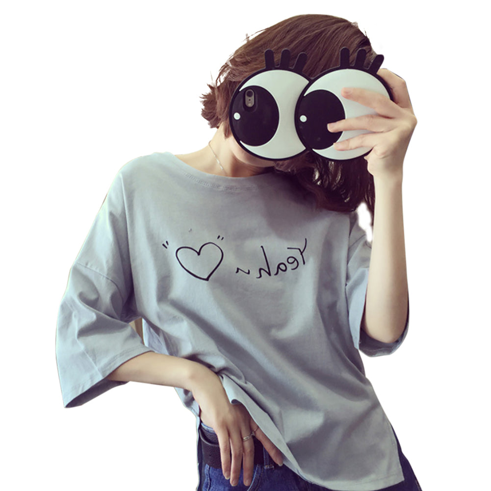 Letter Love Heart Print Women Round Neck Short Sleeve Top Tee Summer T-Shirt