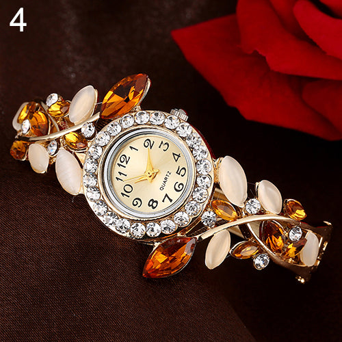 Women's Leaves Round Dial Rhinestone Inlaid Bracelet Quartz Dress Wrist Watch