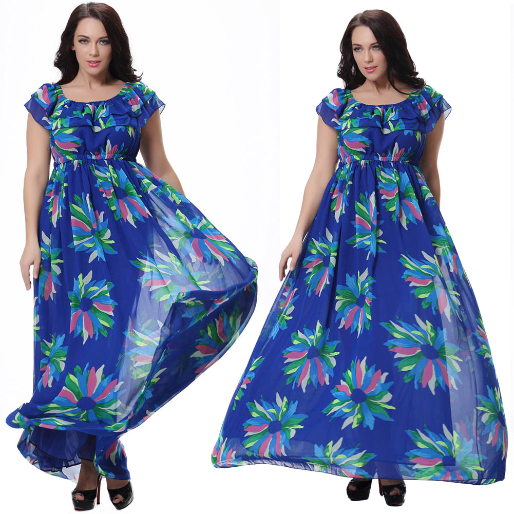 Women's Fashion Summer Chiffon Sleeveless Big Swing Floral Print Long Maxi Dress