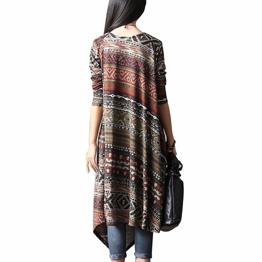 Retro Printed Round Neck Long Sleeve Irregular Women's Casual Loose Long Dress