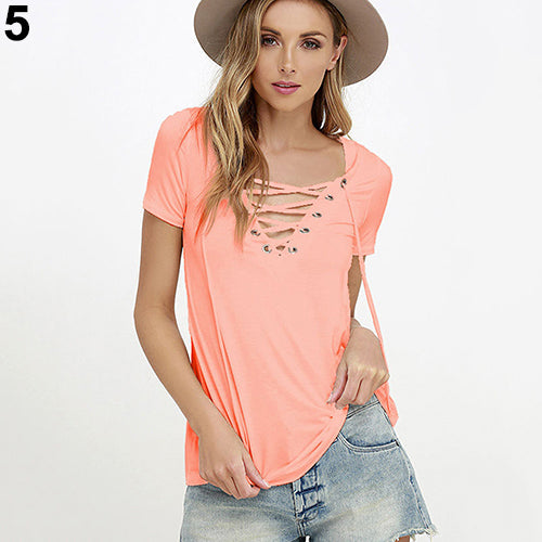 Women Summer Plus Size Sexy Top casual Strappy V-Neck Tees Fashion T-Shirt