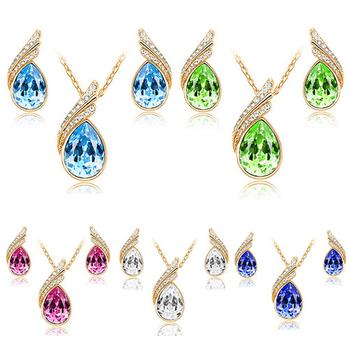 Women's Party Banquet Waterdrop Jewelry Set Crystal Pendant Necklace Earrings Golden Tone