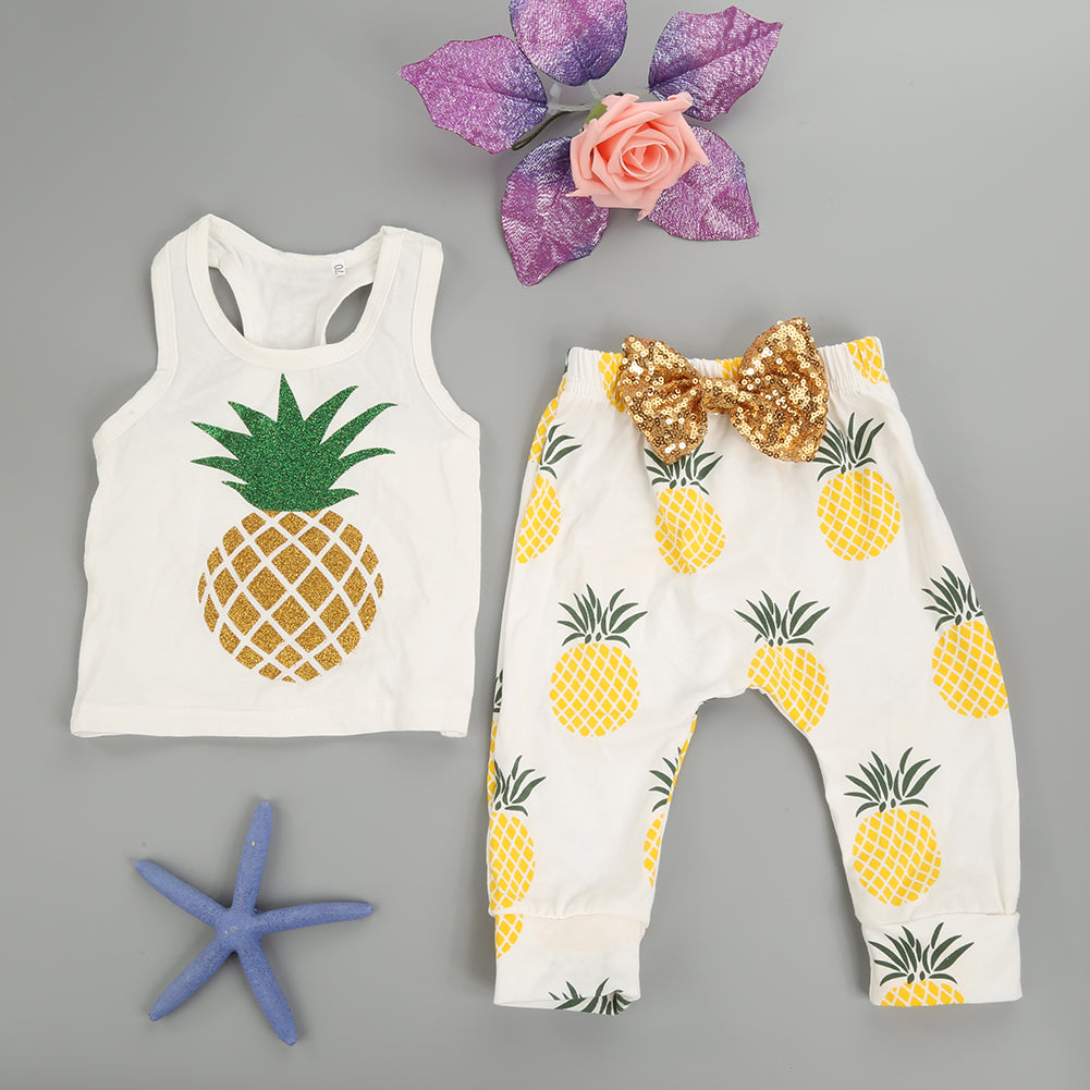 Baby Girl Boy Summer Fashion Pineapple Sequins Bow Vest Pants Outfit Clothes Set