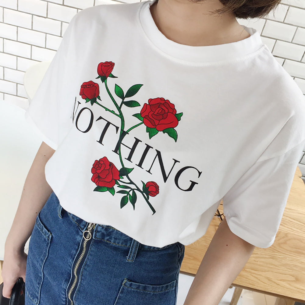 Nothing Letter Print Rose Flower Short Sleeve T-shirt Summer Women's Tee Top