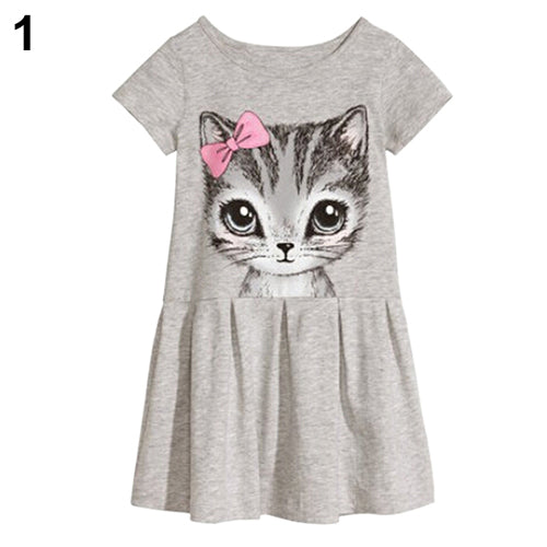 Kids Girls Fashion Summer Short Sleeve Cute Cat Bowknot Dress O-Neck Dress