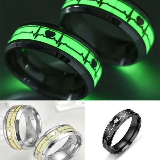 Glow in The Dark Heart Rate Electrocardiogram Stainless Steel Couple Finger Ring